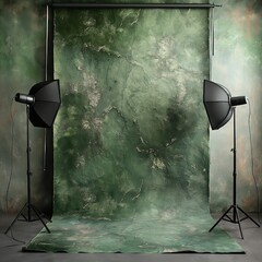 Fototapeta na wymiar Photo studio with lamps and green background.
