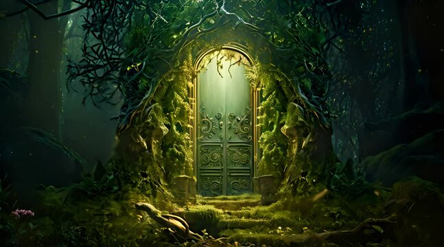 Abstract animation of a hidden magical door nestled within the depths of the forest. Mystical, secretive, ancient, enchanting, woodland, portal, mysterious, ethereal, fantasy. Generated by AI.