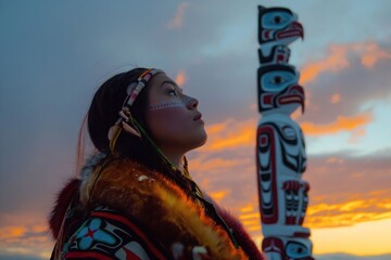 Alaskan Native woman in traditional attire standing before a totem pole at sunset, vibrant colors reflecting cultural heritage