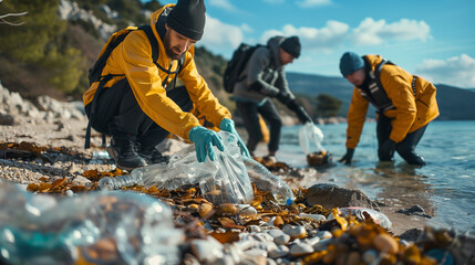 Water enthusiasts cleaning up beach trash for leisure and adventure - obrazy, fototapety, plakaty
