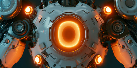 Obraz premium Futuristic cyborg with glowing chest, copy space for logo design.