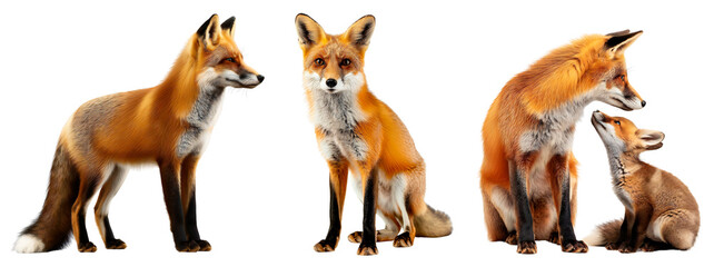 Set of foxes. Side view of the fox. Fox front view. Mother fox and little fox. Isolated on a transparent background.