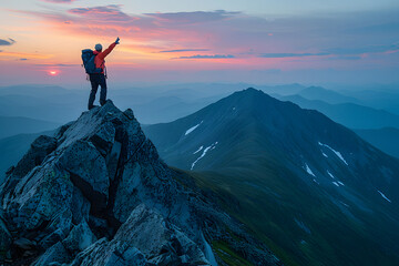 Hiker reaching the top of mountain with raised hands and a brilliant magic hour sunset background,...
