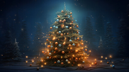 Seasonal Pine Tree Decked Out with Baubles and Hazy Shining Lights
