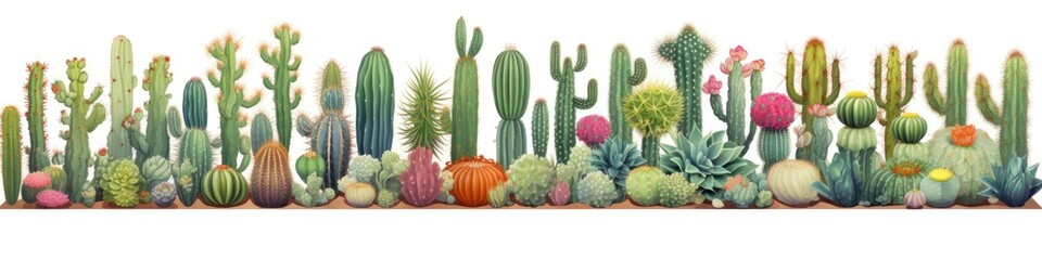 Cacti Garden Landscape: Panorama of Various Kinds of Cacti in Green Desert Nature Setting