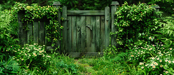 Rustic wooden gate and fence in a green garden, depicting the charming and picturesque beauty of rural countryside architecture