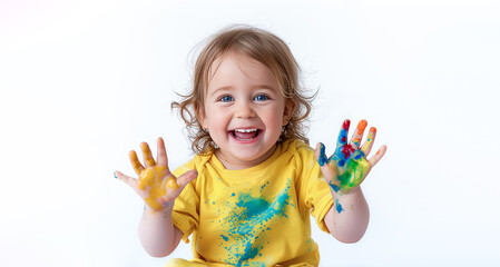 A cheerful little girl in a yellow T-shirt shows her dirty hands. Creativity, play, cheerful little child with paint, banner with space for text on a white background. Happy childhood