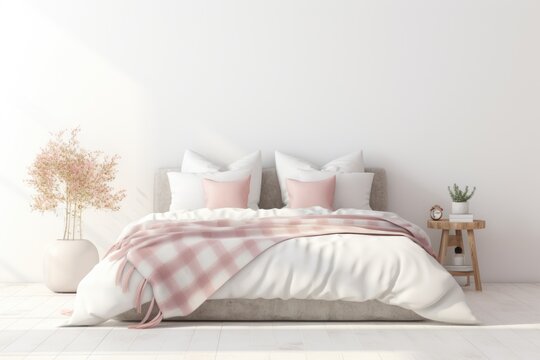 Cozy and Light Bedroom Interior Design with Unmade Bed, Pink Plaid and Cushions on White Wall.
