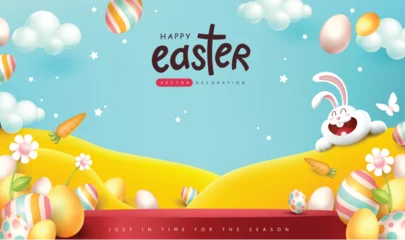 Fototapeten Happy easter banner product display with spring season nature landscape colored easter eggs different ornaments and copy space © bokmok