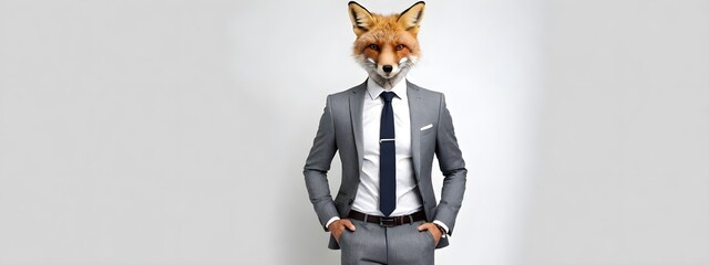Fototapeta premium Portrait of a fox in a business suit on a plain background, working in a corporate office with copy space, business concept