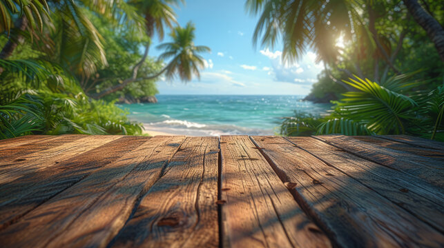 Empty summer holidays background. Horizontal travel banner for advertising product. Wooden table top in front.