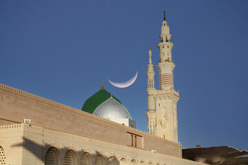 A mosque with a green dome . Masjid nabi of Medina. Green dome.