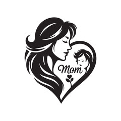 Mother's Love: A Silhouette Heart with 'Mom' Engraved Within, Capturing the Essence of Unconditional Affection and Endearment. Vector Mother silhouette, vector Mother love.