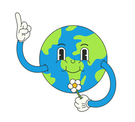 earth day A groovy character of the planet Earth is holding a flower. Retro illustration for earth day and environment protection. Groovy mascot character.