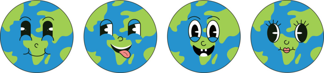 World Earth Day. Trendy retro characters in the form of planet earth with funny faces
