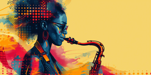 Beautiful African American female musician wearing sunglasses playing jazz music on the saxophone. Portrait of a saxophonist on a yellow background, banner. Colorful illustration with place for text - obrazy, fototapety, plakaty