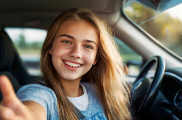 Young woman is happy about the passed driver's license