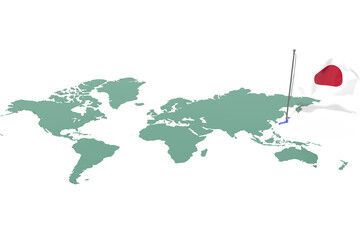 Mappa Terra con evidenziato la nazione Japan e bandiera al vento
