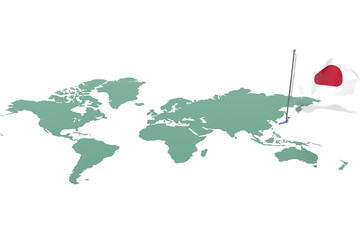 Mappa Terra con evidenziato la nazione Japan e bandiera al vento © albasu