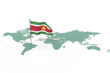 Mappa Terra con evidenziato la nazione Suriname e bandiera al vento