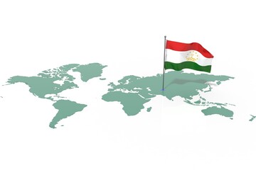 Mappa Terra con evidenziato la nazione Tajikistan e bandiera al vento