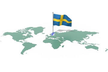 Mappa Terra con evidenziato la nazione Sweden e bandiera al vento