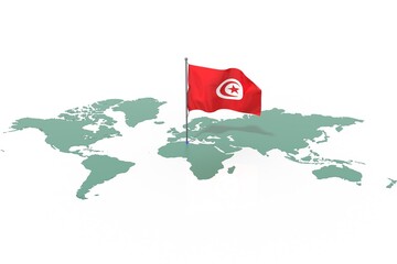 Mappa Terra con evidenziato la nazione Tunisia e bandiera al vento