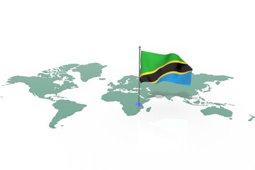 Mappa Terra con evidenziato la nazione Tanzania e bandiera al vento