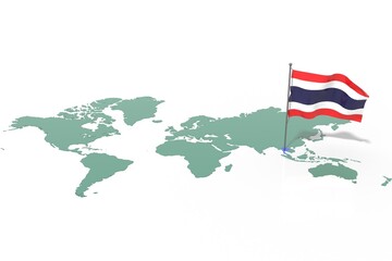 Mappa Terra con evidenziato la nazione Thailand e bandiera al vento
