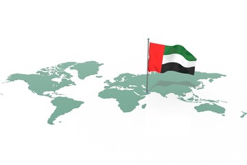 Mappa Terra con evidenziato la nazione United Arab Emirates  e bandiera al vento
