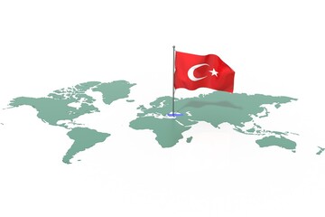 Mappa Terra con evidenziato la nazione Turkey e bandiera al vento
