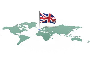 Mappa Terra con evidenziato la nazione United Kingdom e bandiera al vento