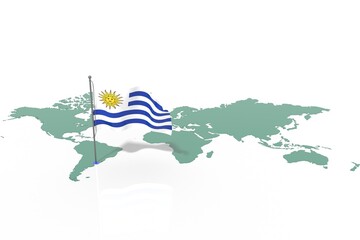 Mappa Terra con evidenziato la nazione Uruguay e bandiera al vento
