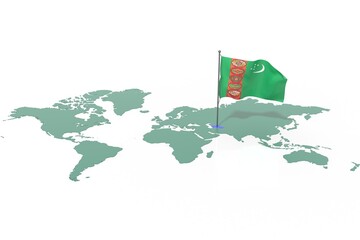 Mappa Terra con evidenziato la nazione Turkmenistan e bandiera al vento