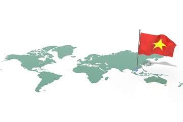 Mappa Terra con evidenziato la nazione Vietnam e bandiera al vento