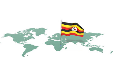 Mappa Terra con evidenziato la nazione Uganda e bandiera al vento