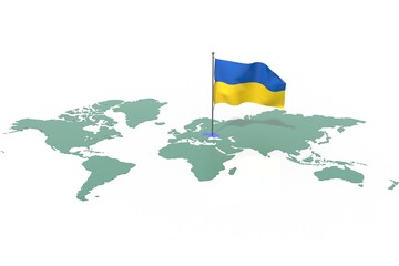 Mappa Terra con evidenziato la nazione Ukraine e bandiera al vento