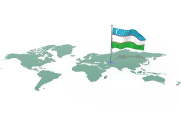 Mappa Terra con evidenziato la nazione Uzbekistan e bandiera al vento