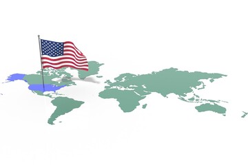Mappa Terra con evidenziato la nazione USA e bandiera al vento
