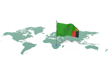 Mappa Terra con evidenziato la nazione Zambia e bandiera al vento