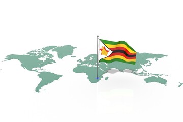 Mappa Terra con evidenziato la nazione Zimbabwe e bandiera al vento