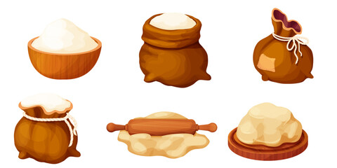 Set sack with flour, wheat powder, open bag with rope, dough with rolling pin and wooden bowl with powder farm harvest isolated on white background. Packaging 