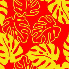 Monstera leaves decorative seamless pattern for textile design, fabric print, digital or wrapping paper, wallpaper, background and backdrop, decoration. Tropical summer holiday theme.