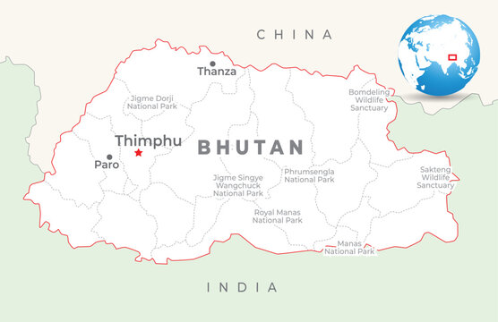 Bhutan map with capital Thimphu, most important cities and national borders