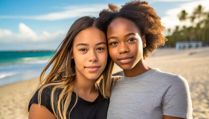 Portrait of two teenage girls on the beach, the concept of travel and holiday vacation