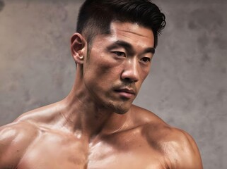 Muscle Shirtless Asian Guy Sweaty Portrait Isolated on Grey Wall