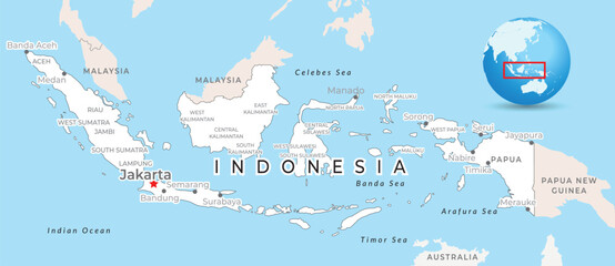 Indonesia map with capital Jakarta, most important cities and national borders