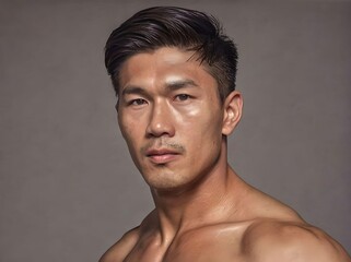 Sensual Shirtless Asian Adult Man Portrait Looking at Camera Portrait Isolated on Grey Background