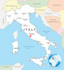 Italy map with capital Rome, most important cities and national borders