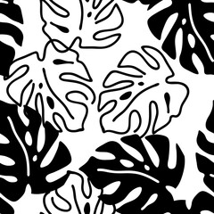 Monstera leaves decorative seamless pattern for textile design, fabric print, digital or wrapping paper, wallpaper, background and backdrop, decoration. Tropical summer holiday theme.